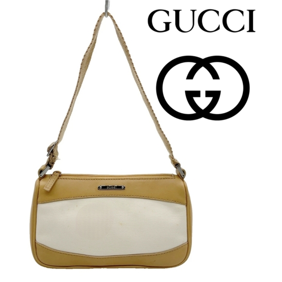 Flash Sale Auth Gucci GG Plate Canvas Leather Beige WhiteMini Pouch BAG - Picture 2 of 16